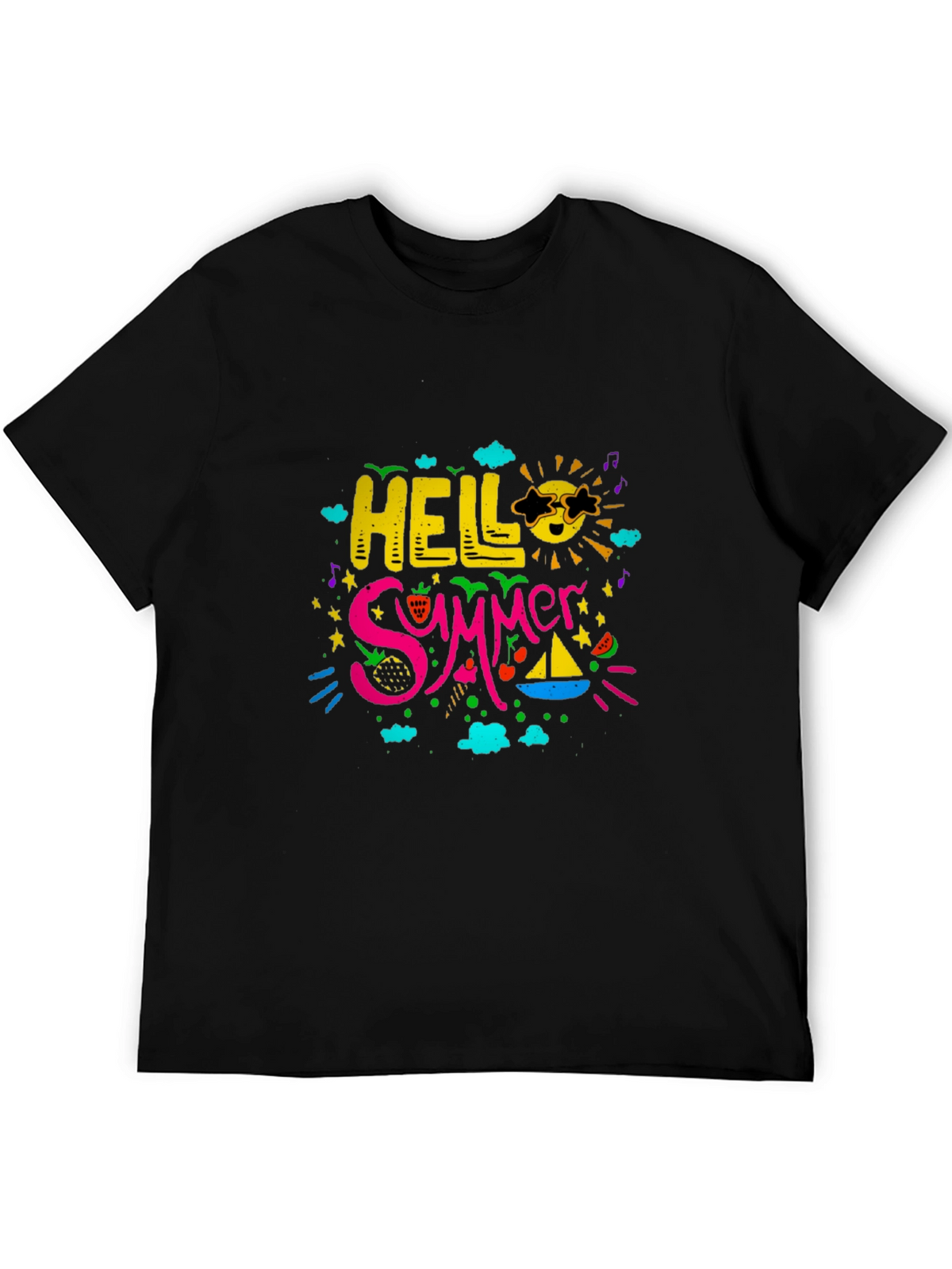 Hello Summer Graphic Print Black T-Shirt