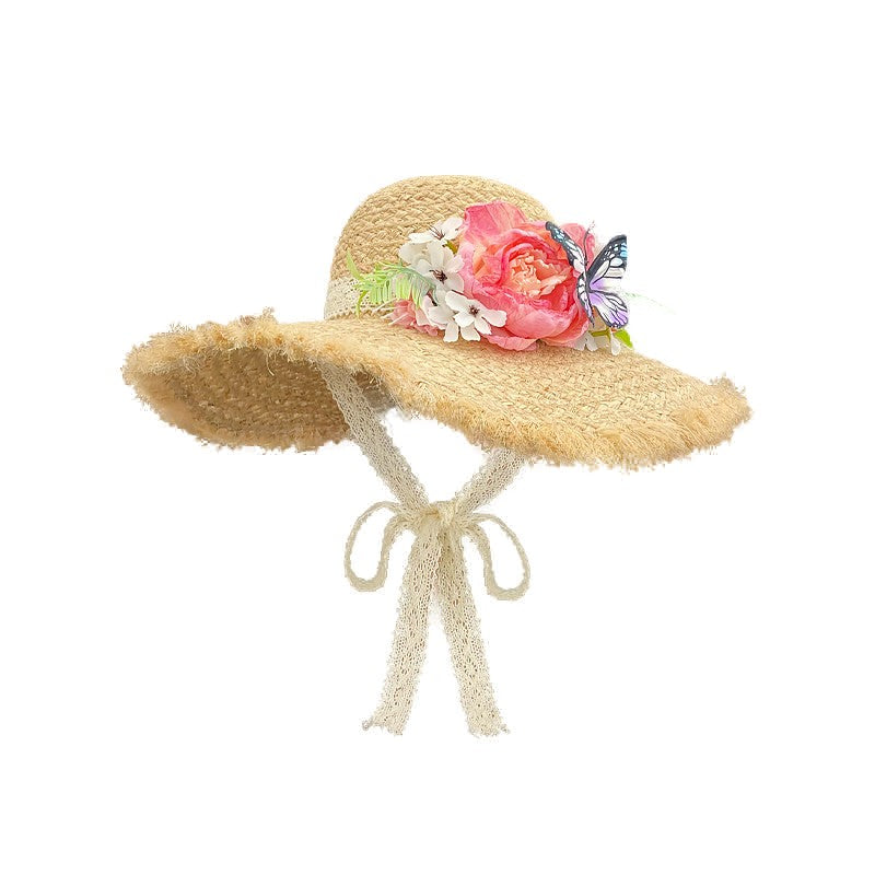 Women's Wide Brim Frayed Edge Raffia Straw Sun Hat with Floral and Butterfly Decoration, Tie Straps
