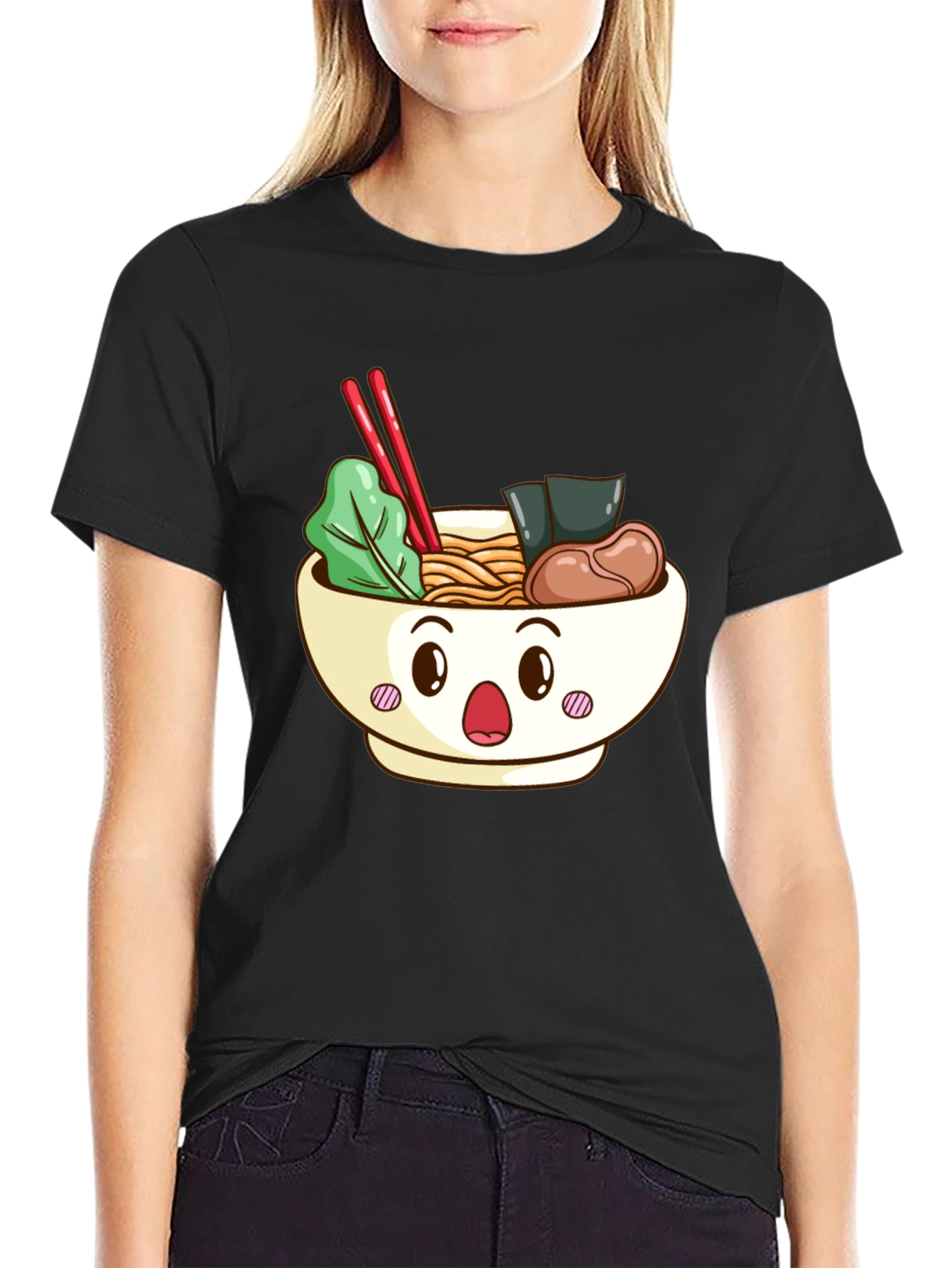Cute Ramen Bowl Graphic T-Shirt - Black