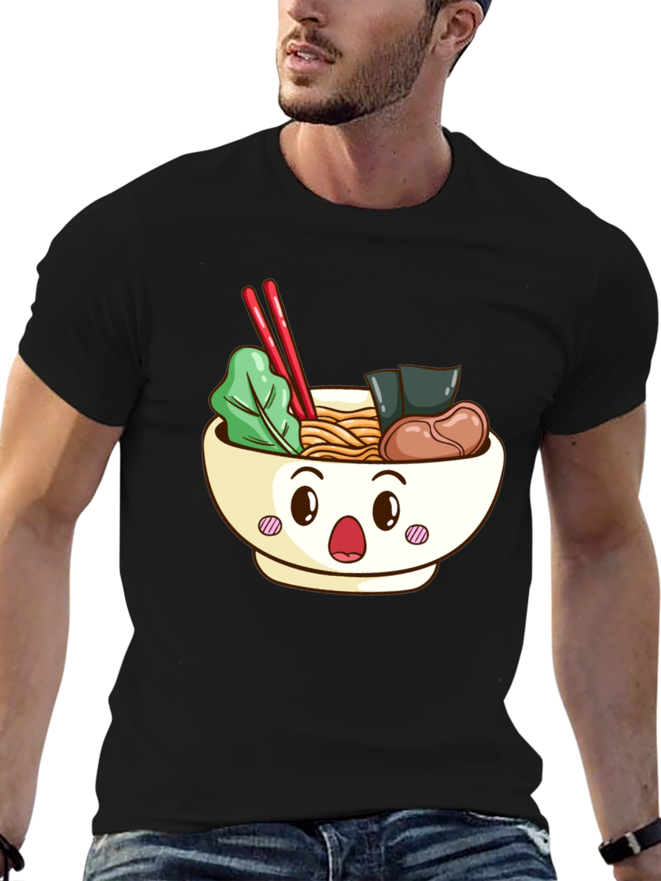 Cute Ramen Bowl Graphic T-Shirt - Black