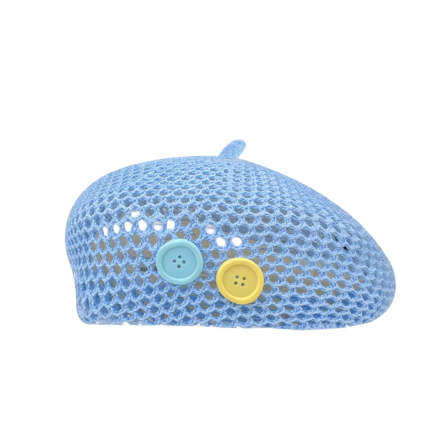 Women's Knitted Openwork Beret Hat with Decorative Buttons