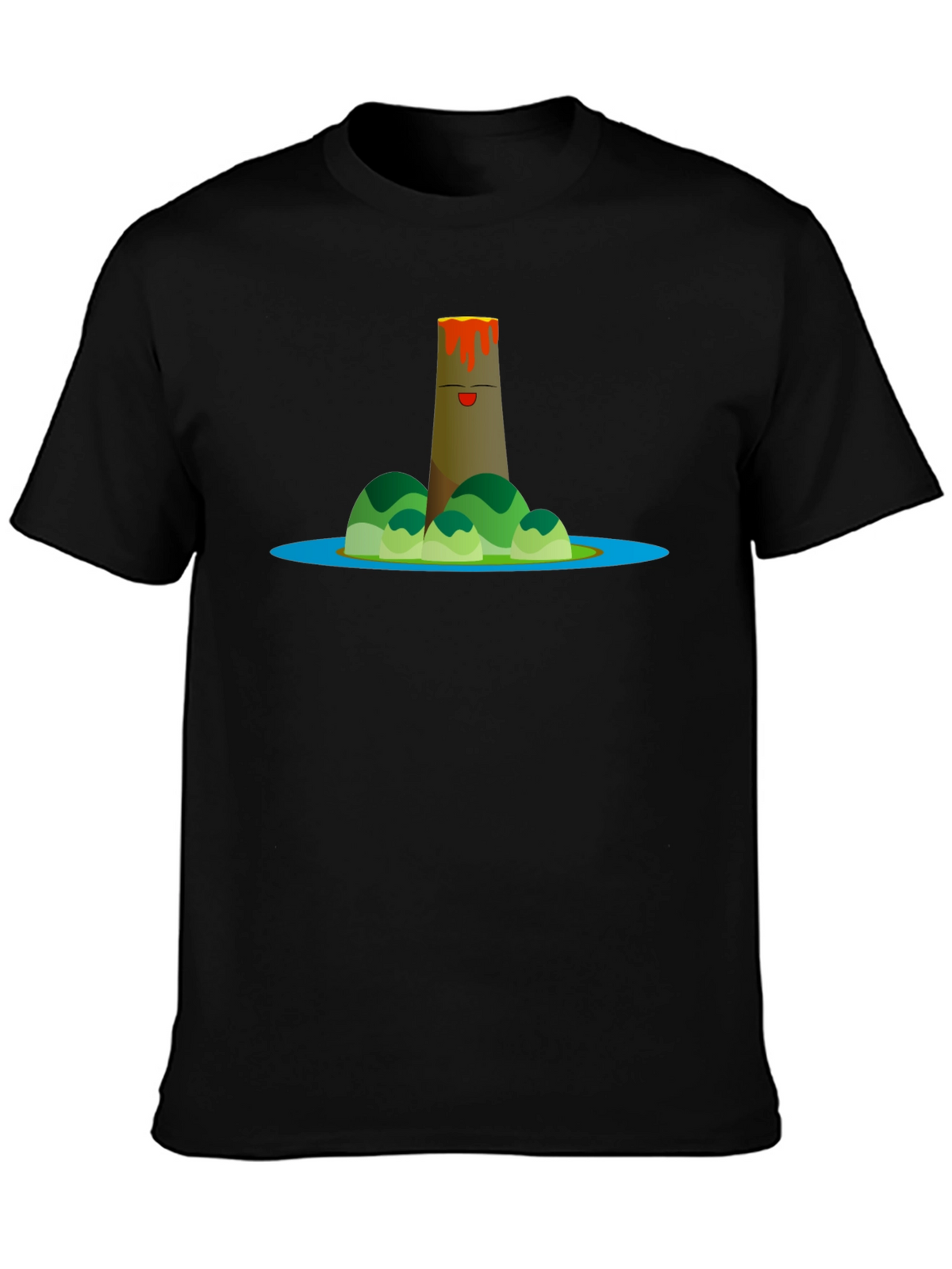 Volcano Island Cartoon Graphic Black T-Shirt
