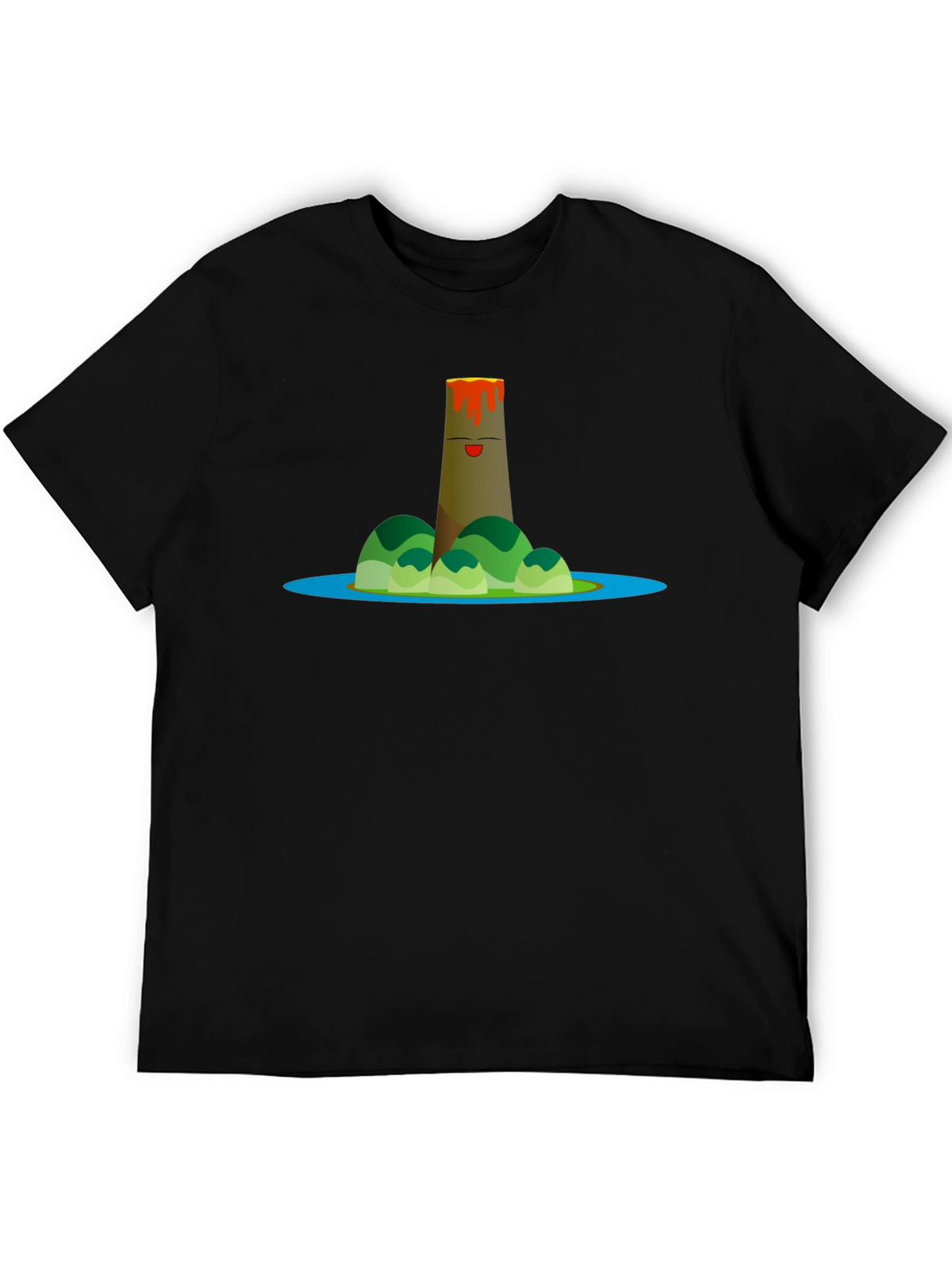 Volcano Island Cartoon Graphic Black T-Shirt