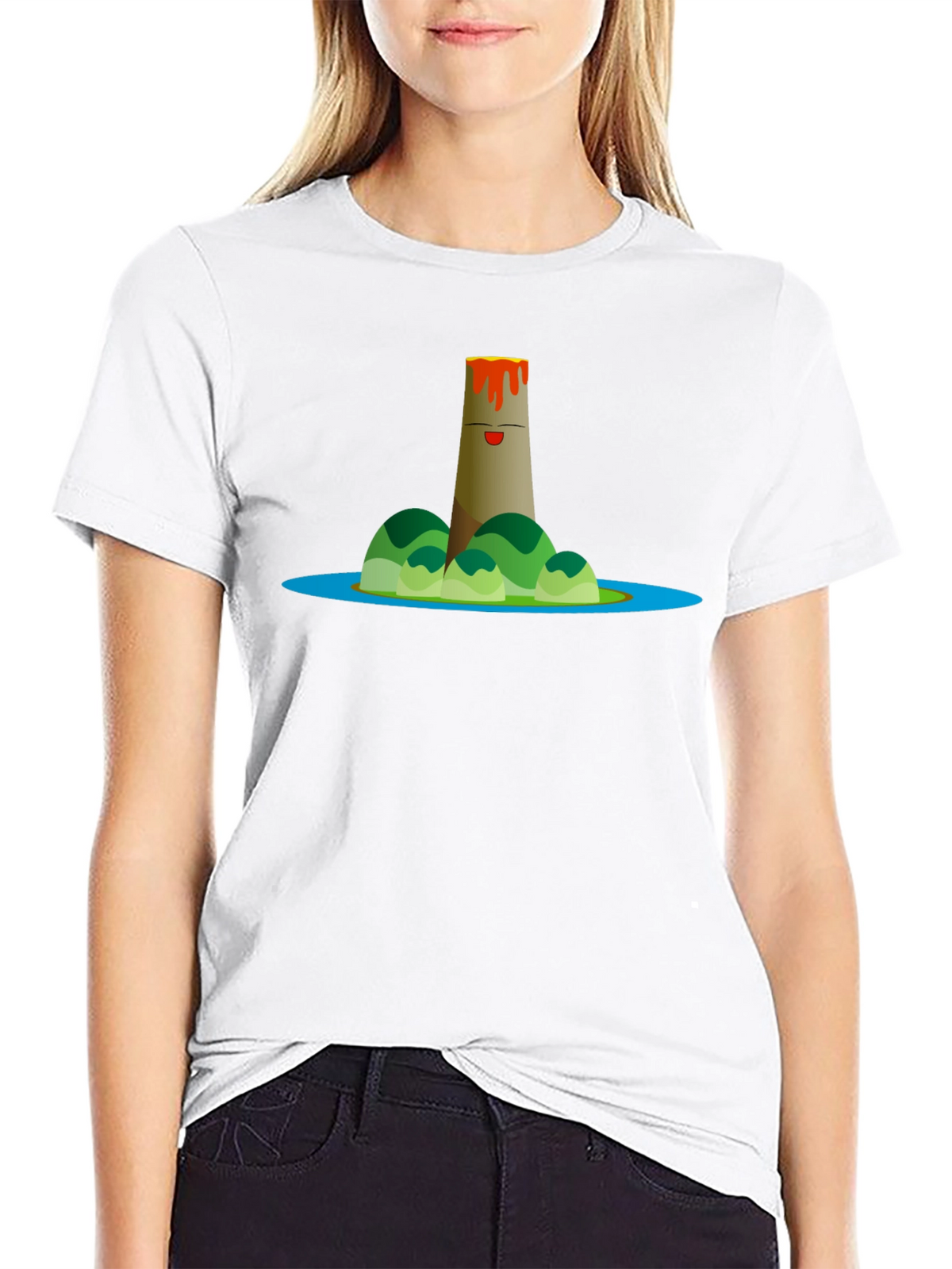 Volcano Island Cartoon Graphic Black T-Shirt