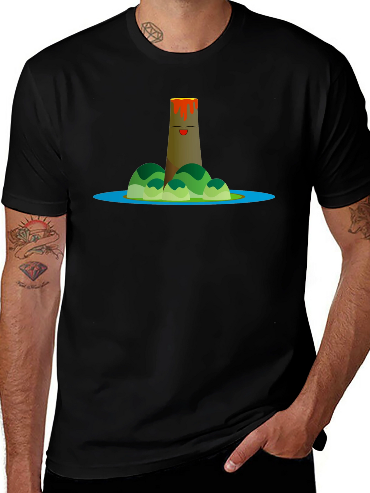 Volcano Island Cartoon Graphic Black T-Shirt