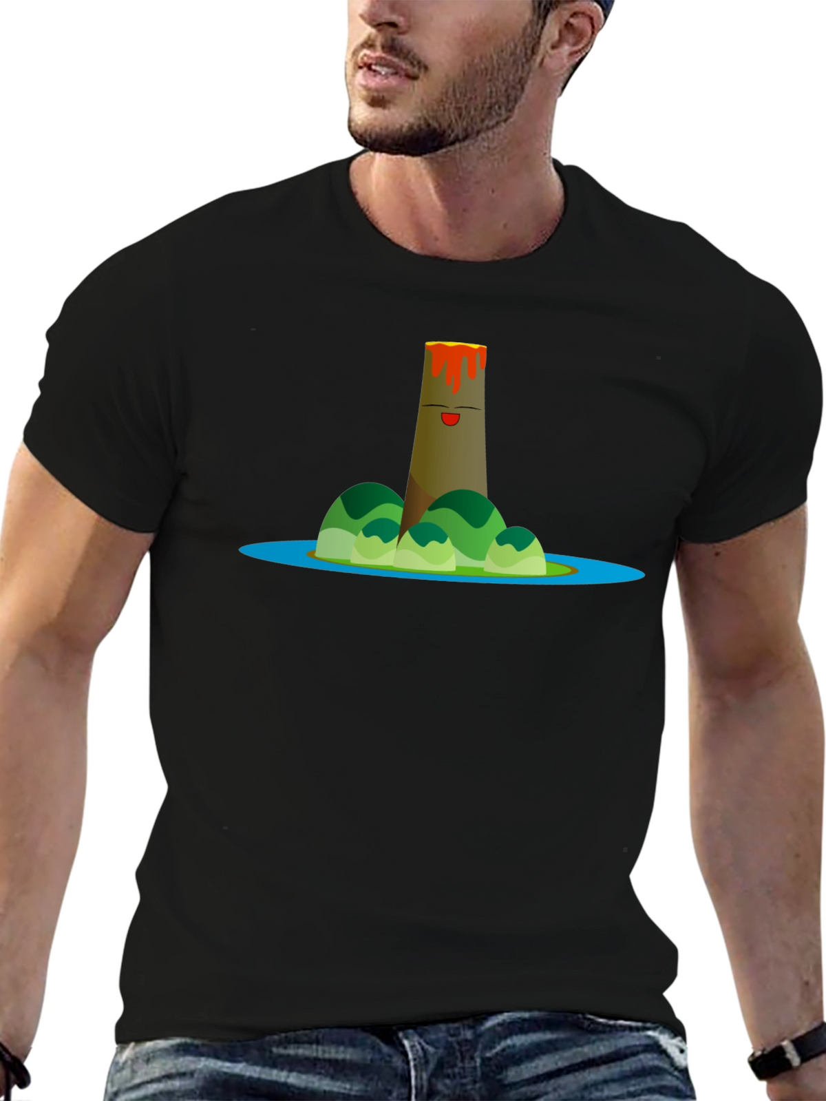 Volcano Island Cartoon Graphic Black T-Shirt