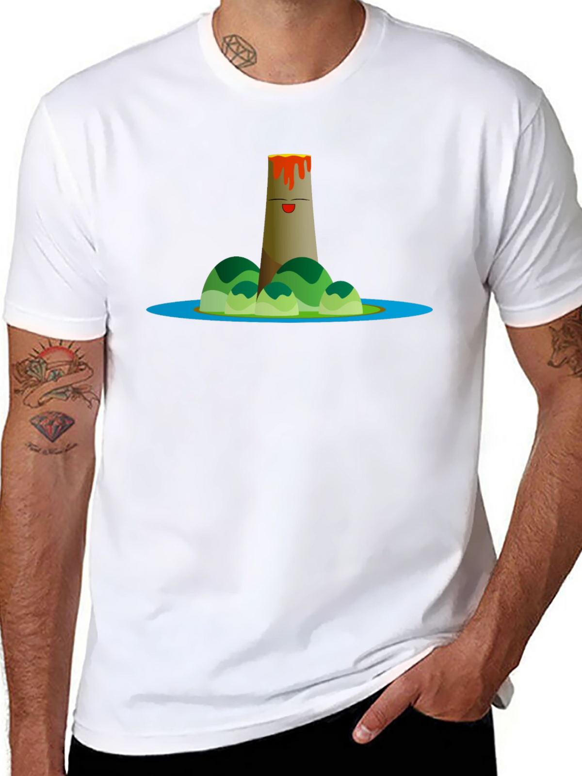 Volcano Island Cartoon Graphic Black T-Shirt