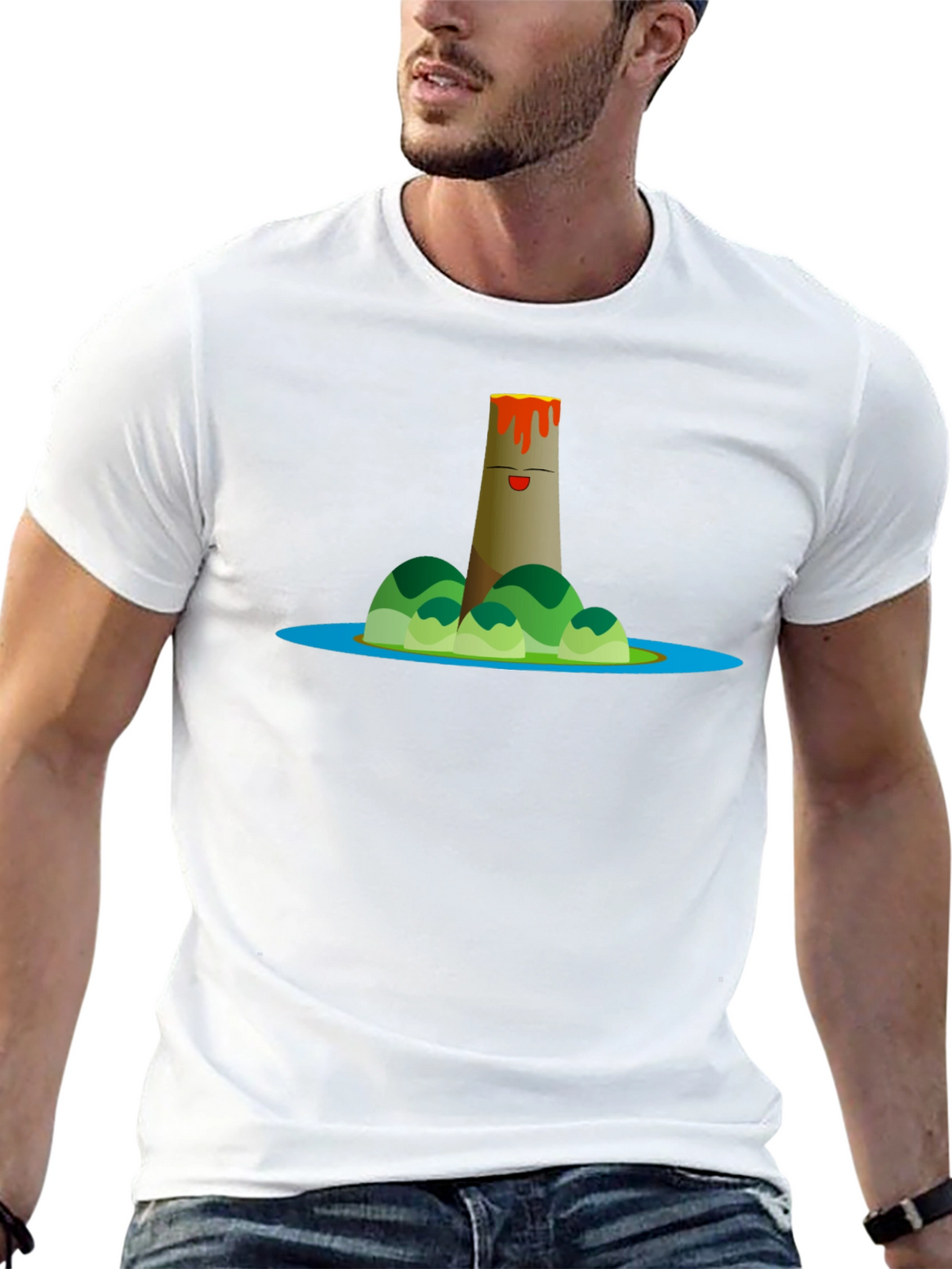 Volcano Island Cartoon Graphic Black T-Shirt
