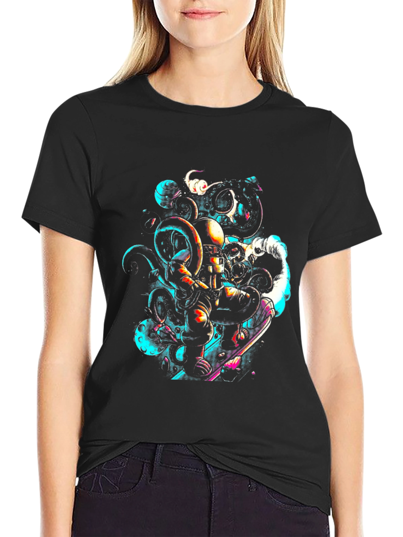 Astronaut Octopus Graphic Tee - Black Cotton Comfort