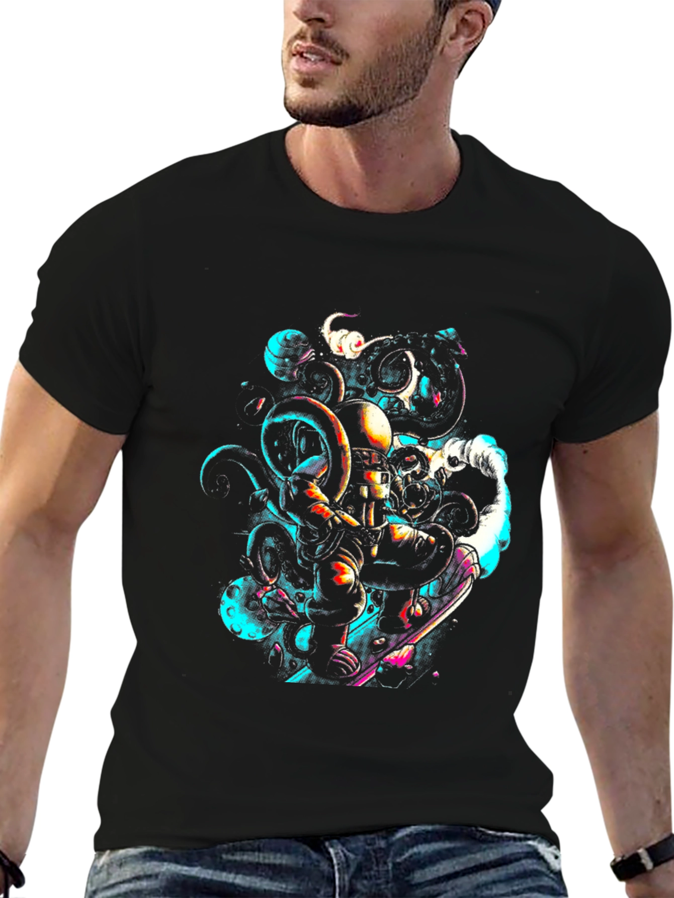 Astronaut Octopus Graphic Tee - Black Cotton Comfort