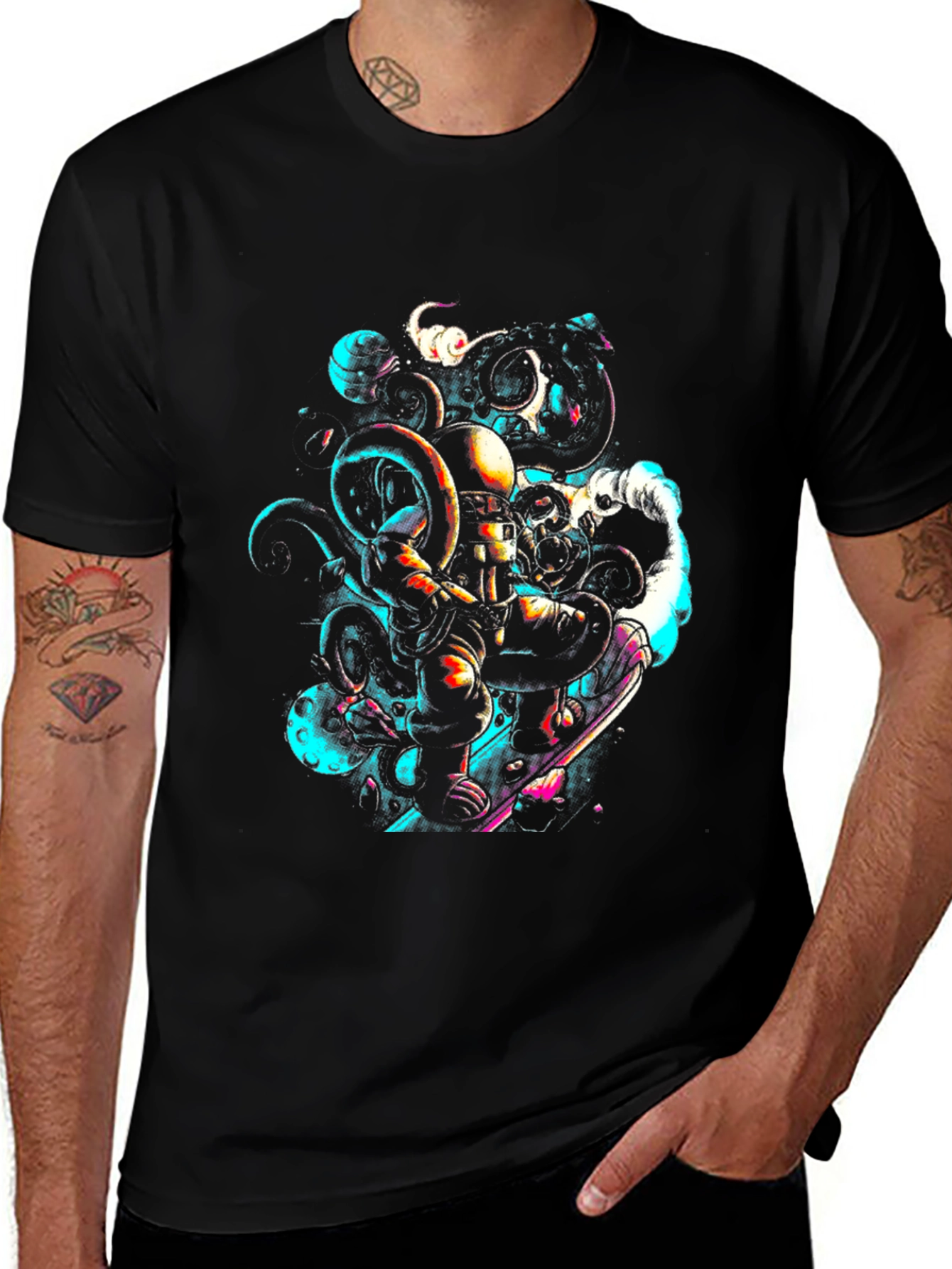 Astronaut Octopus Graphic Tee - Black Cotton Comfort
