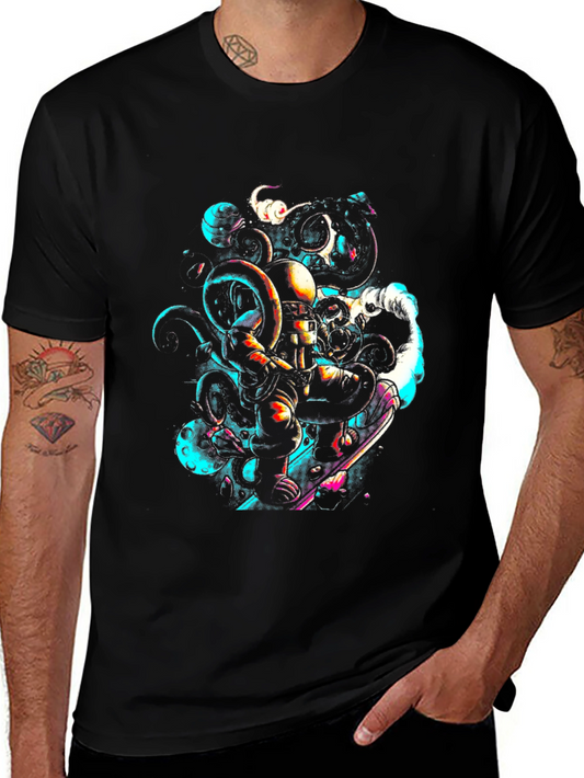 Astronaut Octopus Graphic Tee - Black Cotton Comfort
