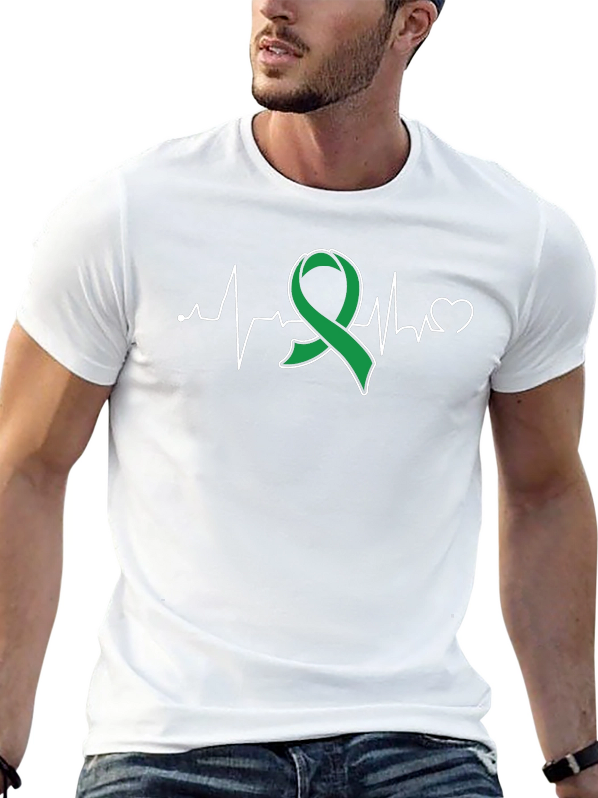 Green Ribbon Heartbeat T-Shirt - Support Mental Health
