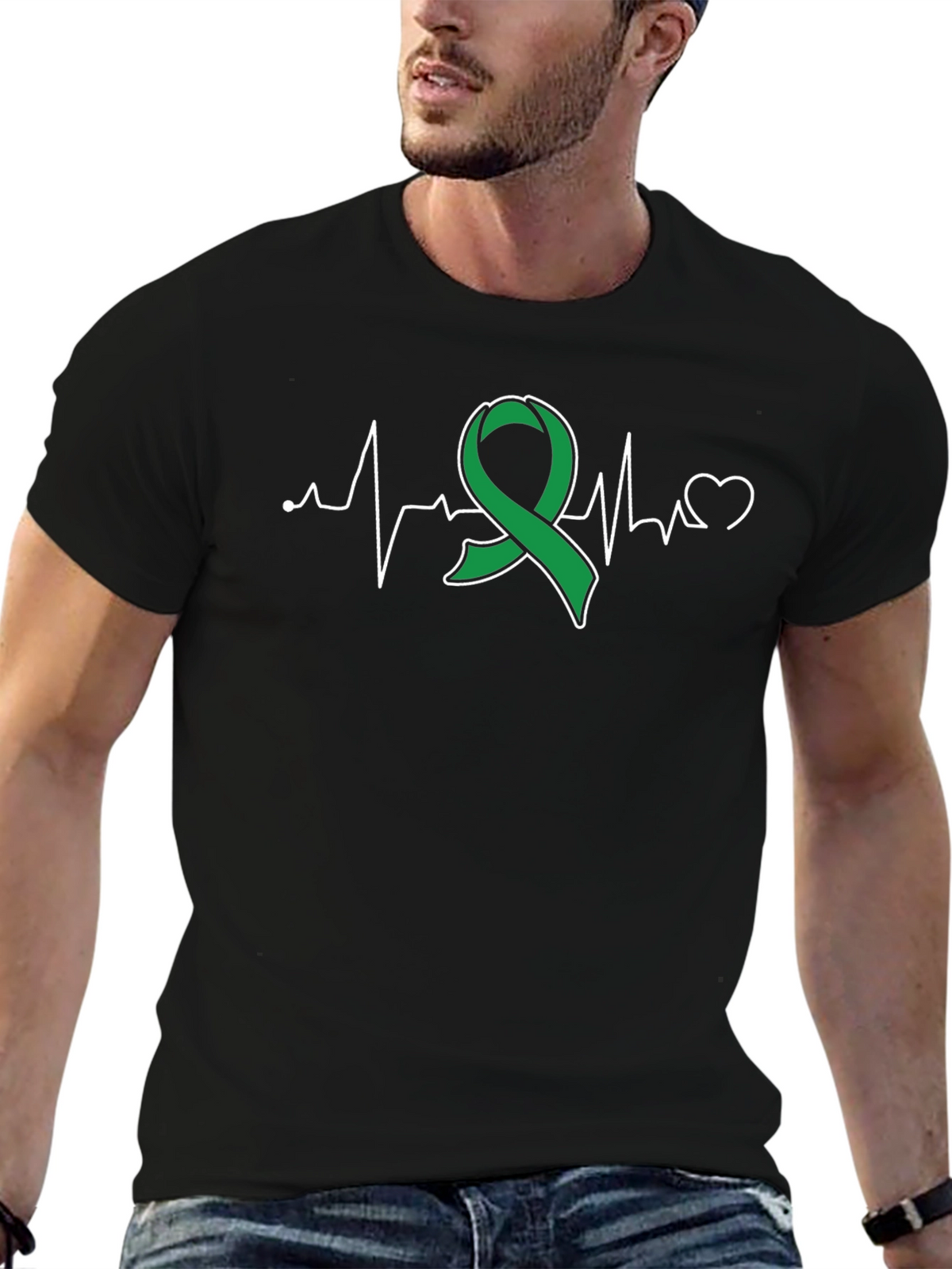 Green Ribbon Heartbeat T-Shirt - Support Mental Health
