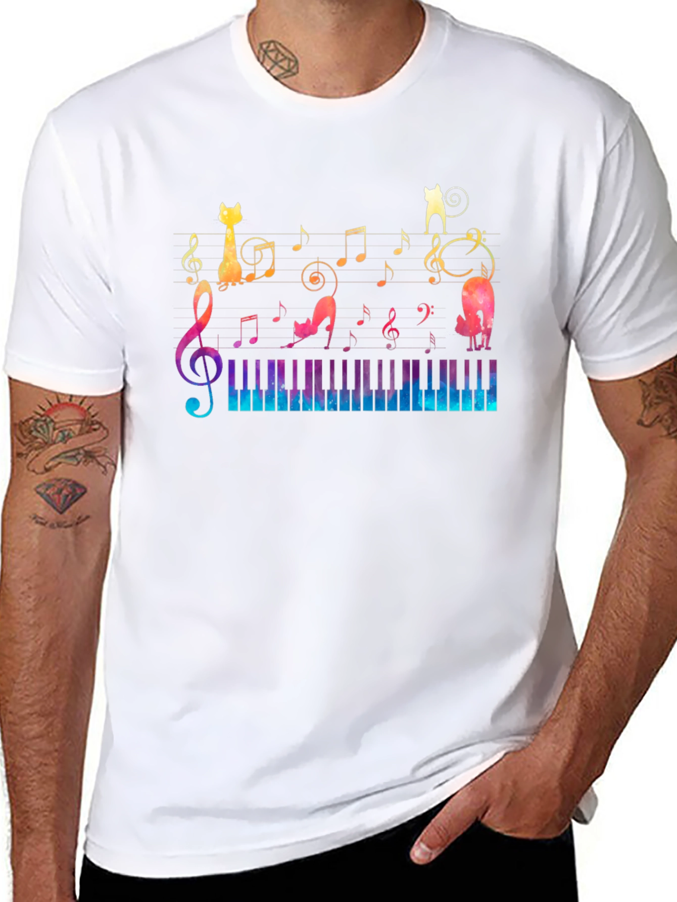 Musical Cats & Piano T-Shirt - Black Cotton Tee