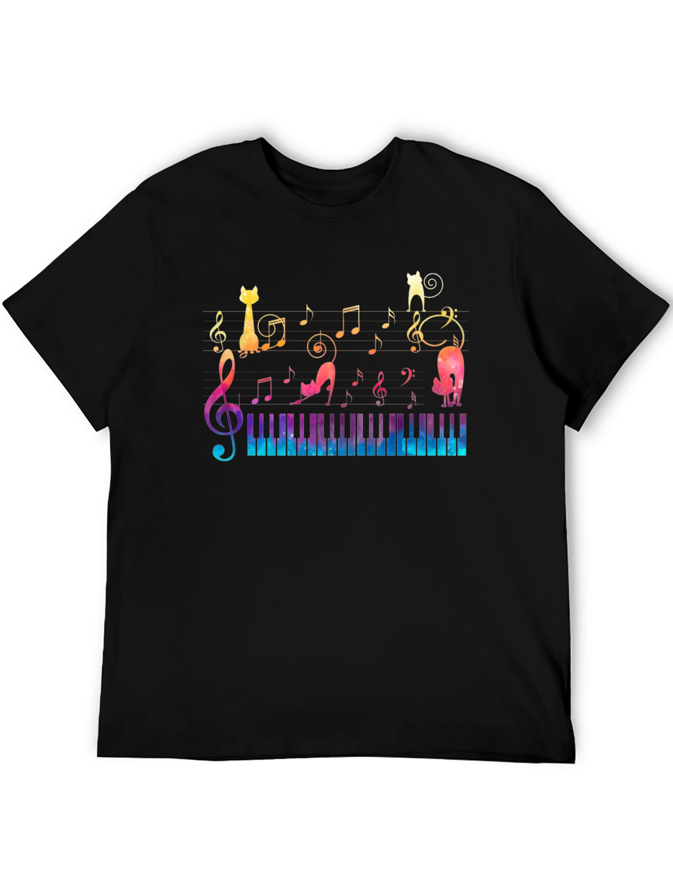 Musical Cats & Piano T-Shirt - Black Cotton Tee
