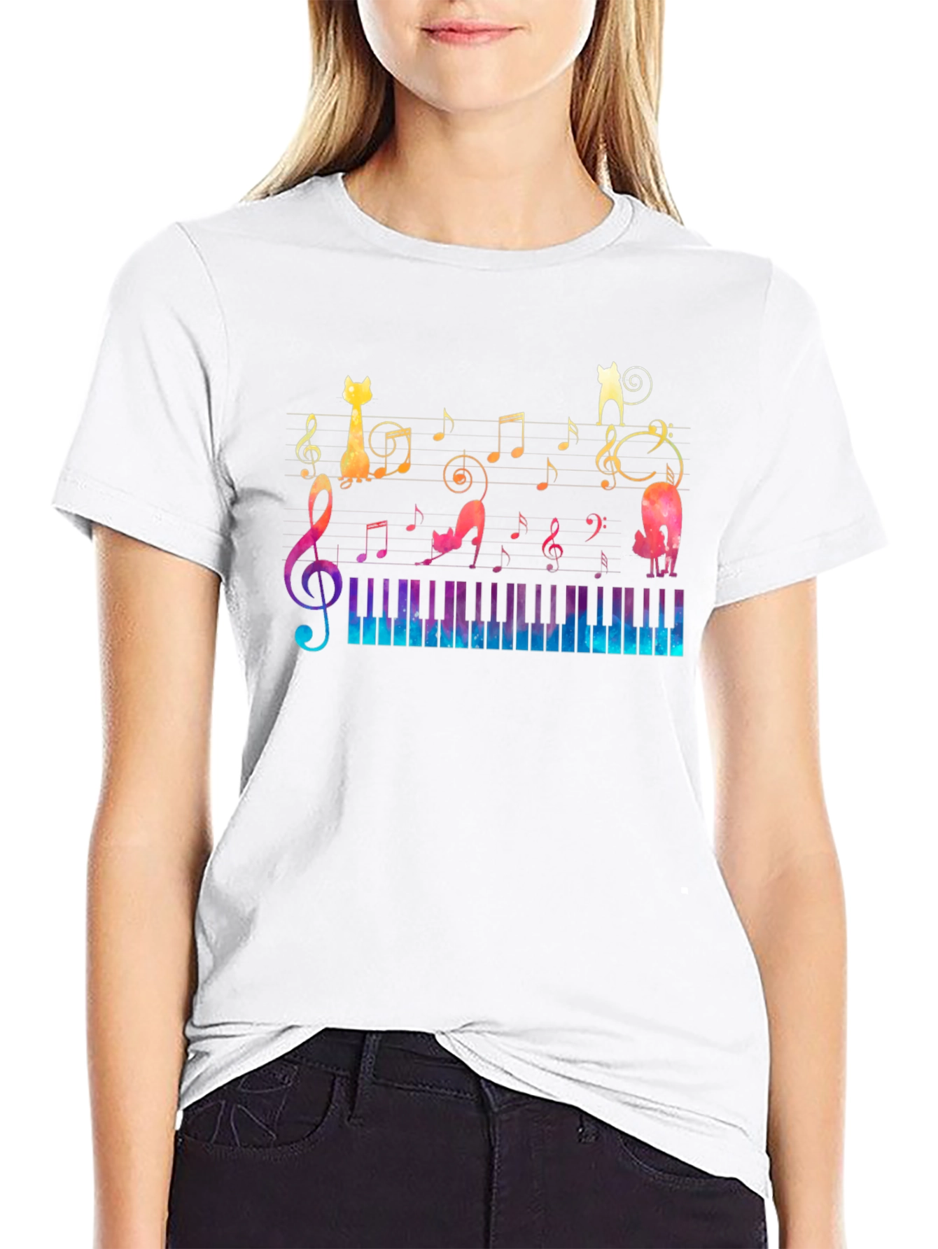 Musical Cats & Piano T-Shirt - Black Cotton Tee