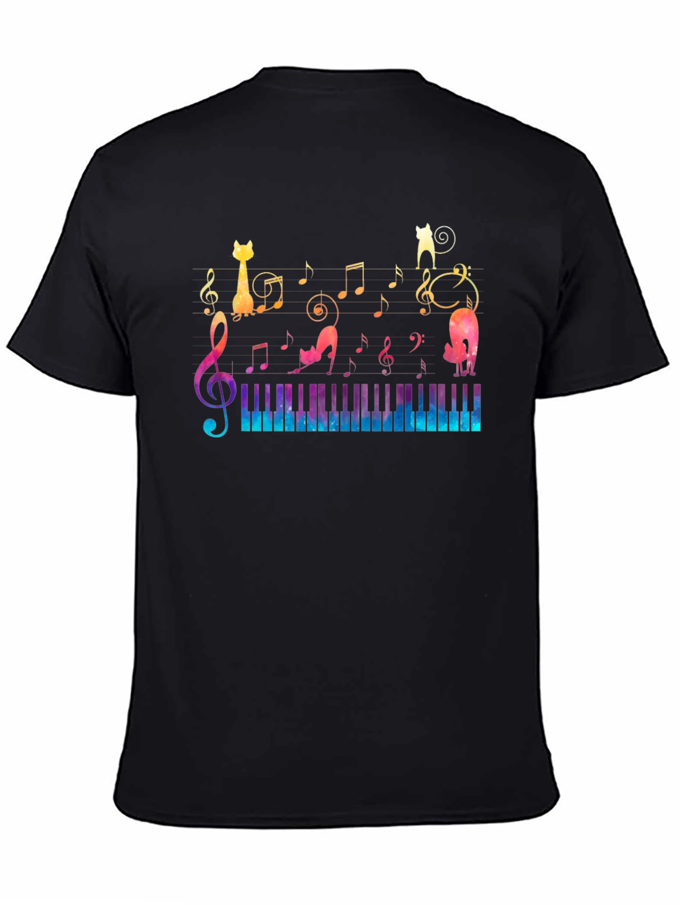 Musical Cats & Piano T-Shirt - Black Cotton Tee