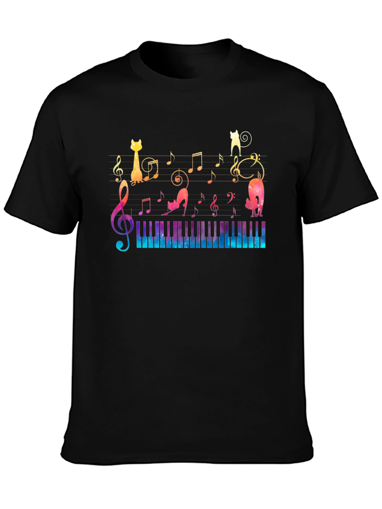Musical Cats & Piano T-Shirt - Black Cotton Tee