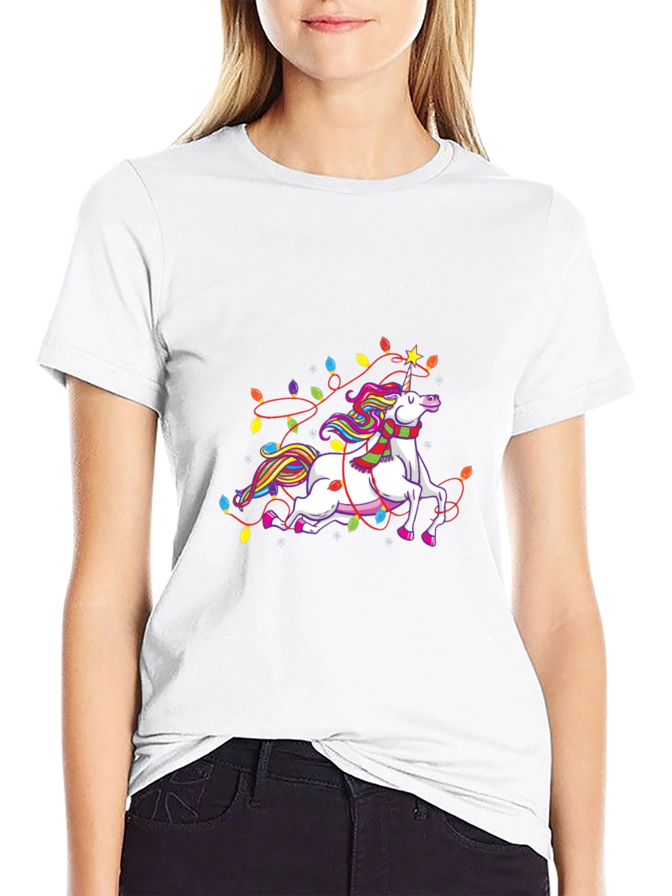 Unicorn Christmas Lights Black Tee