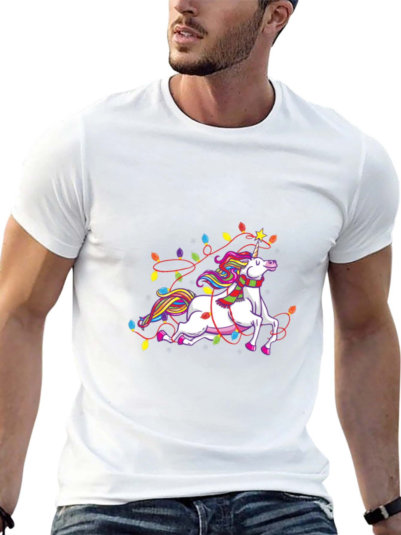 Unicorn Christmas Lights Black Tee