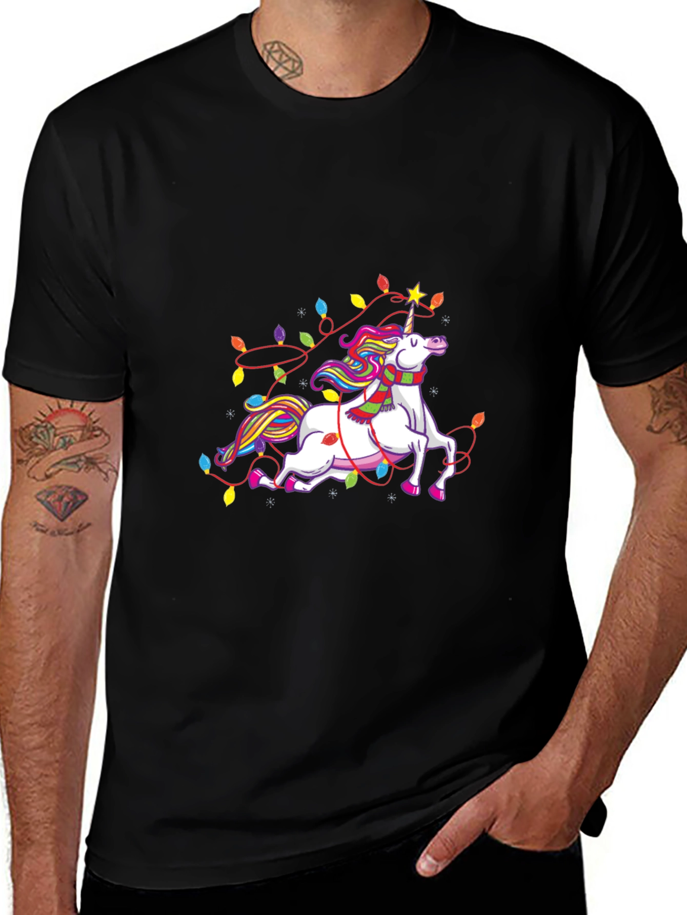 Unicorn Christmas Lights Black Tee