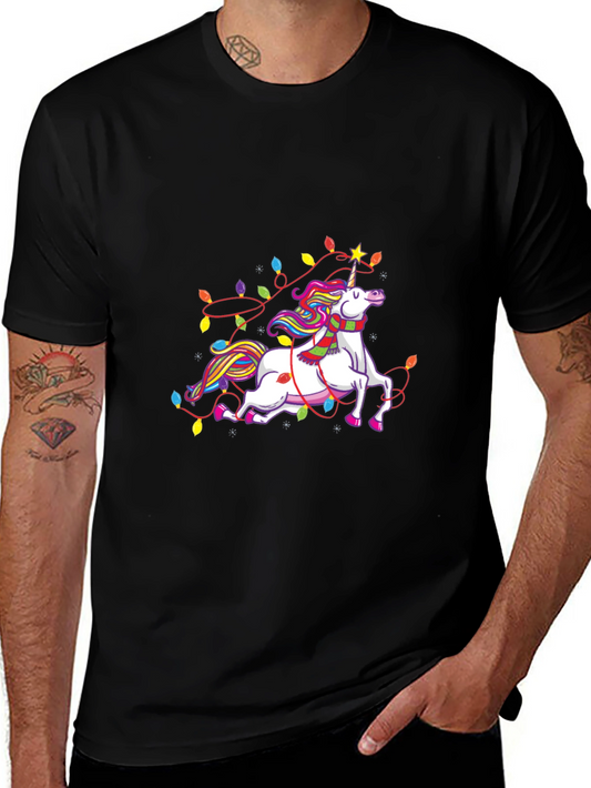 Unicorn Christmas Lights Black Tee