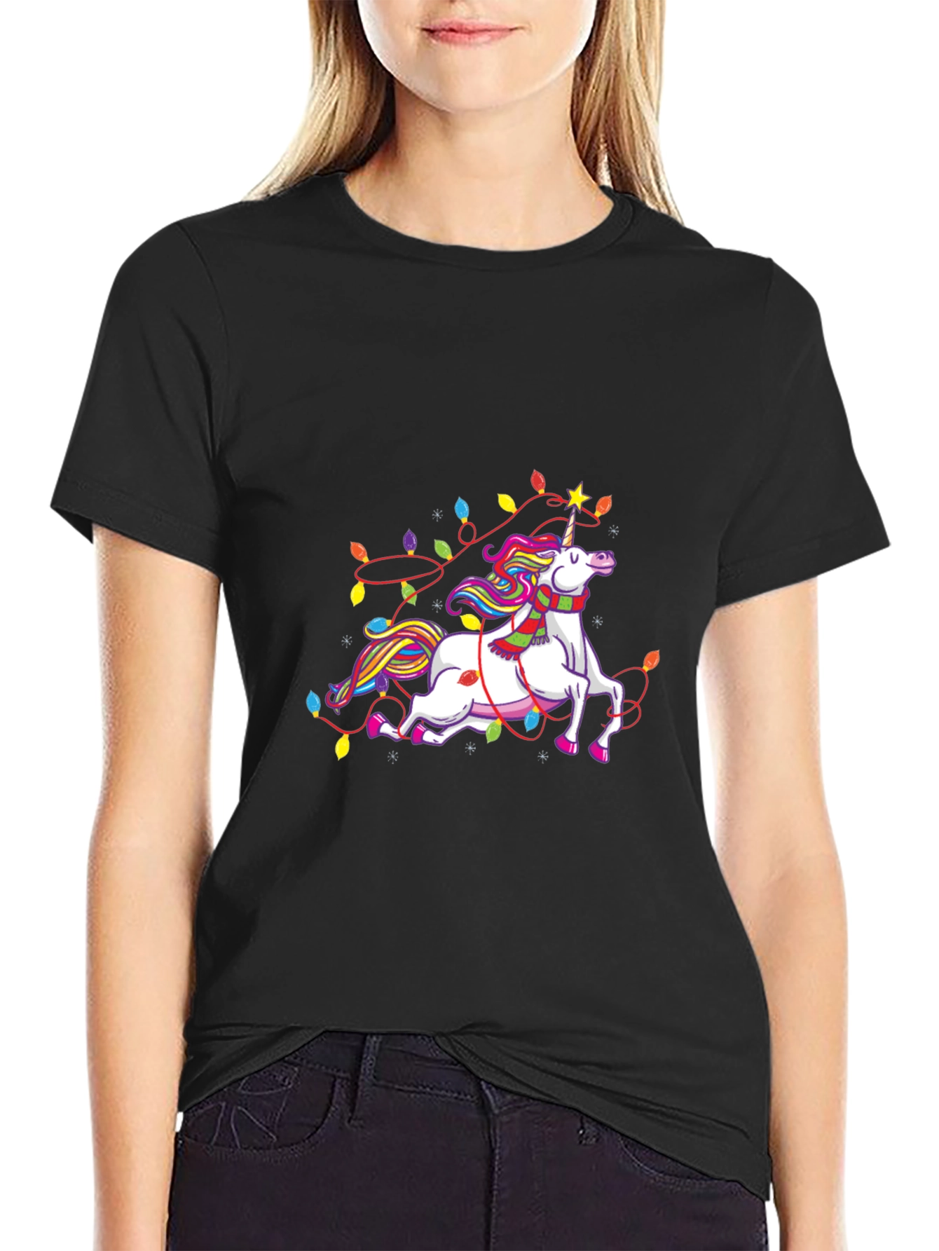 Unicorn Christmas Lights Black Tee