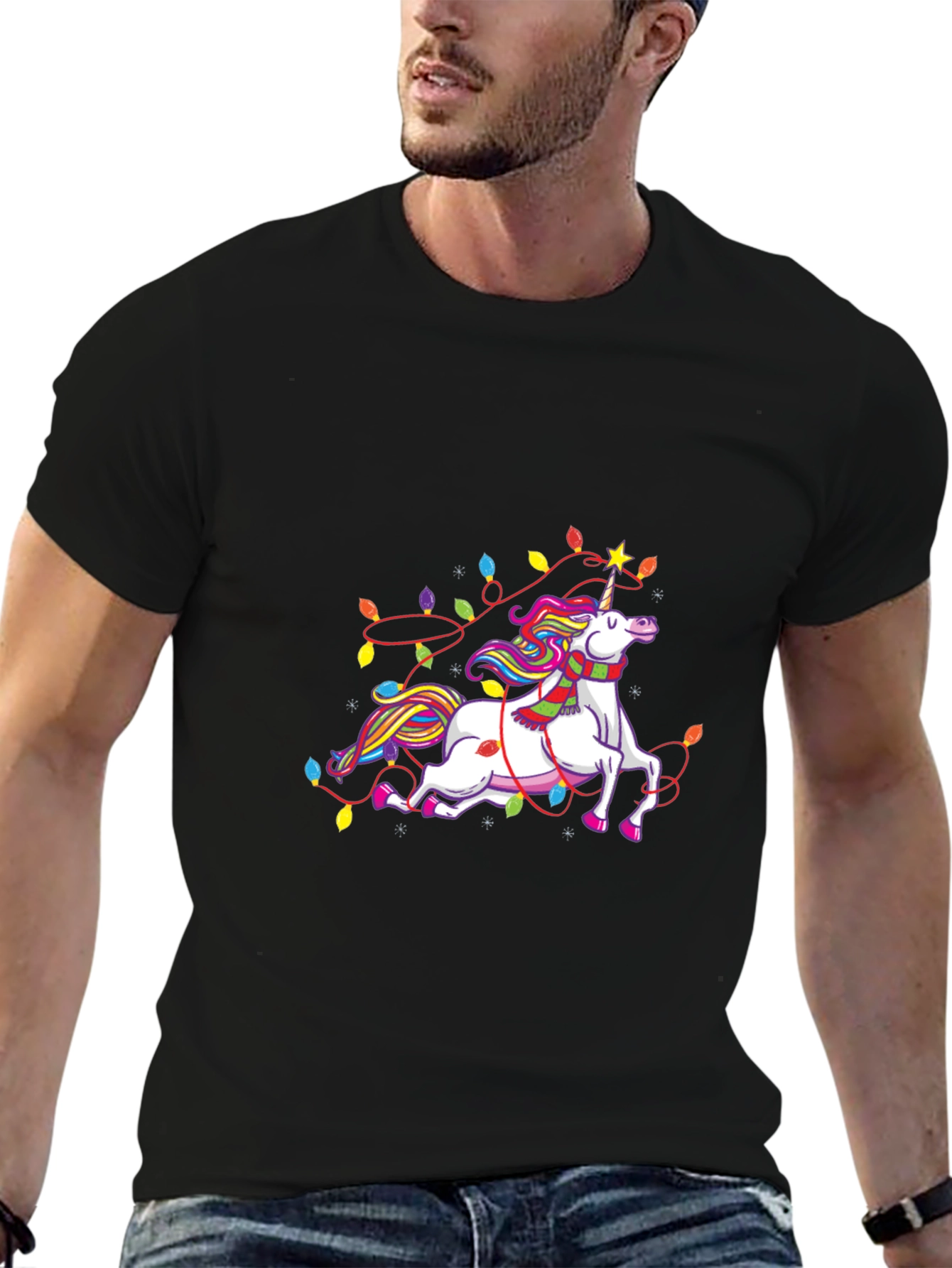 Unicorn Christmas Lights Black Tee