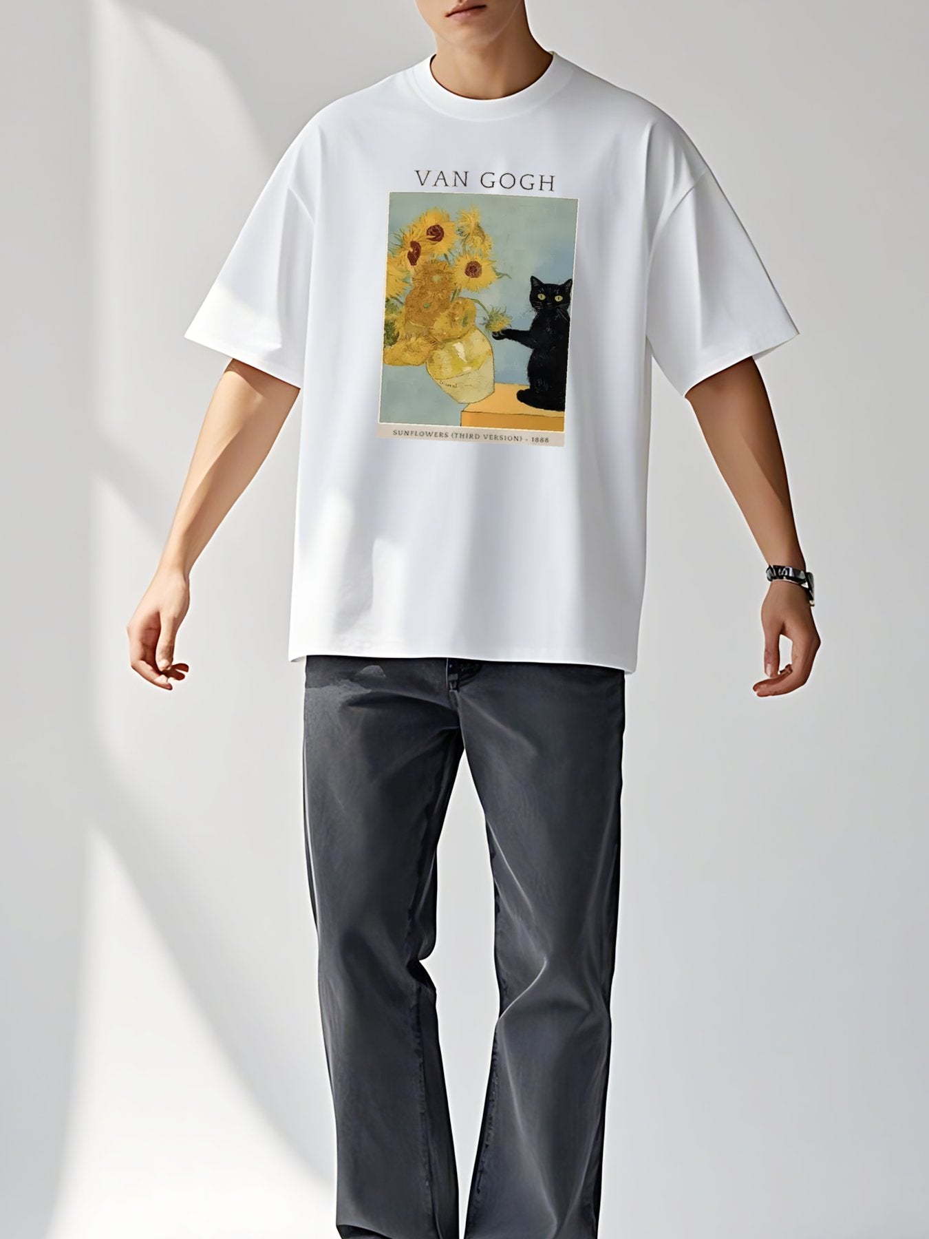 T-shirt Tokyo-tiger-black-cat-with-sunflowers-washed-t-shirt