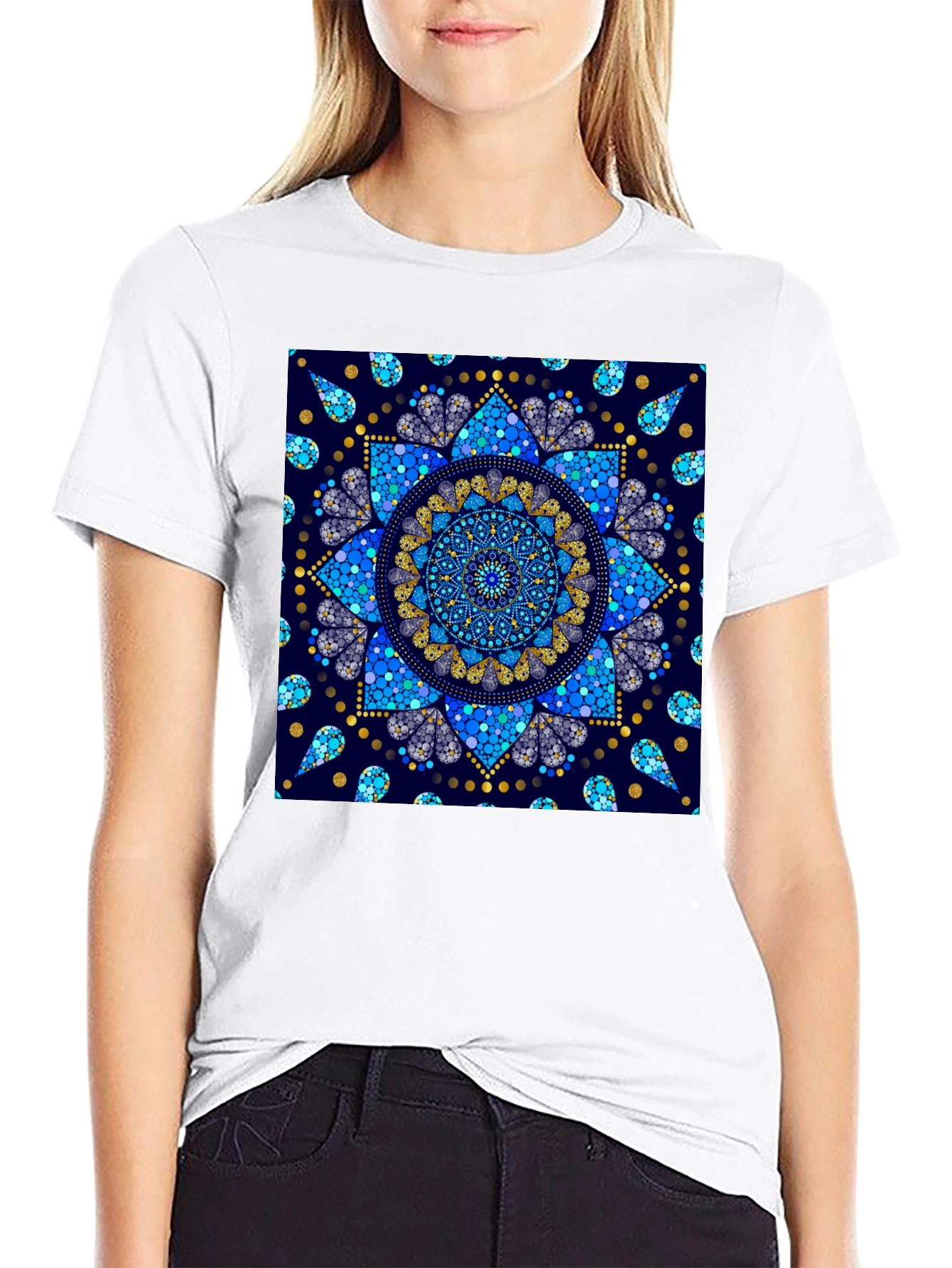 Black T-Shirt with Blue Mandala Print