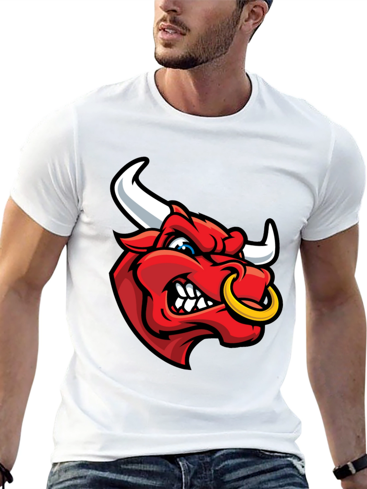 Mens Black T-Shirt with Red Bull Graphic