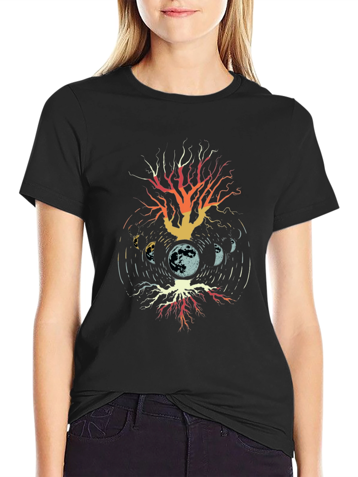 Moon Phases Tree Graphic T-Shirt - Black