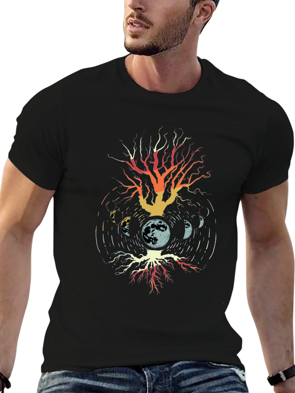 Moon Phases Tree Graphic T-Shirt - Black