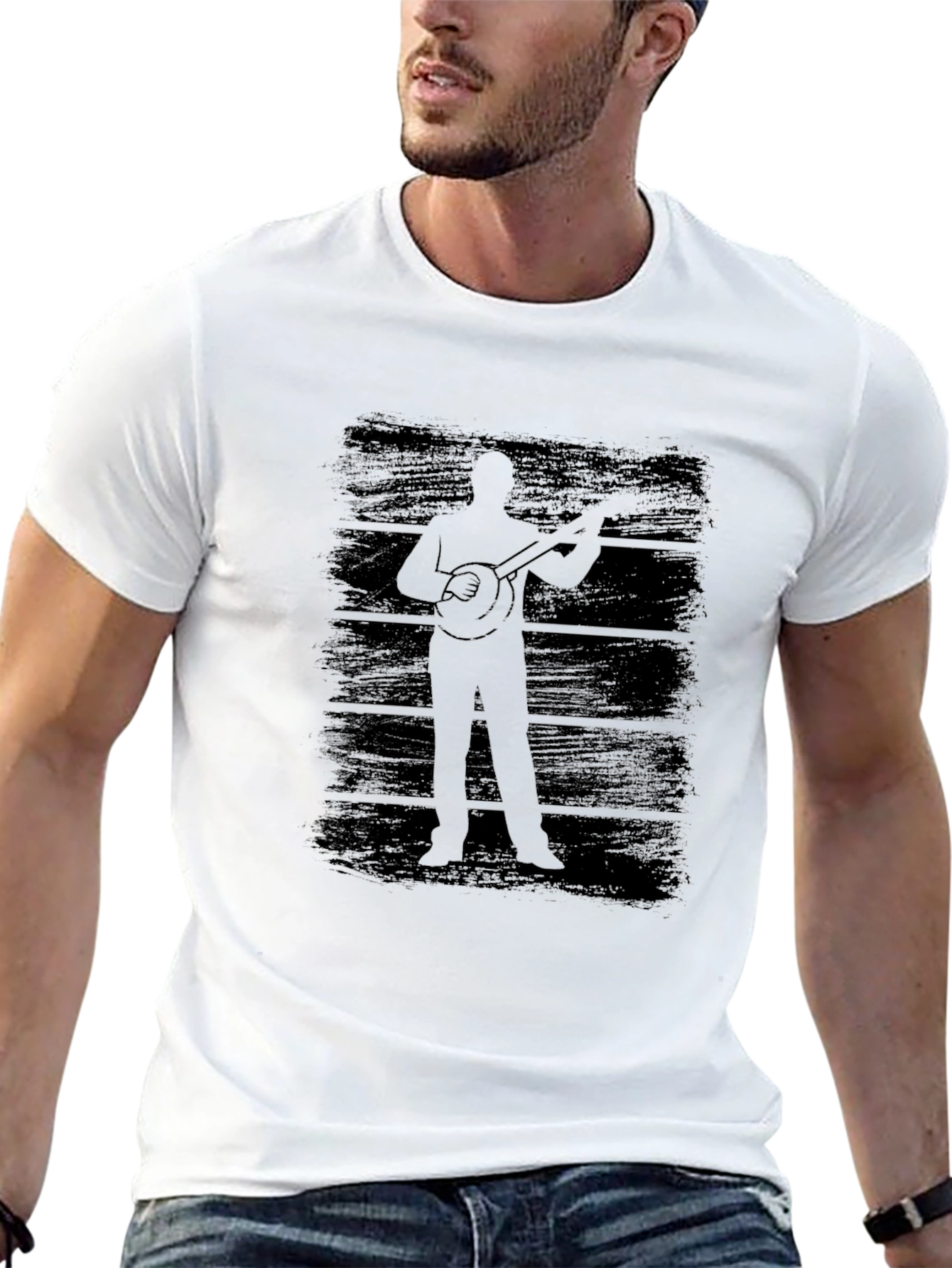 Banjo Player Silhouette Graphic Tee - Black Cotton T-Shirt