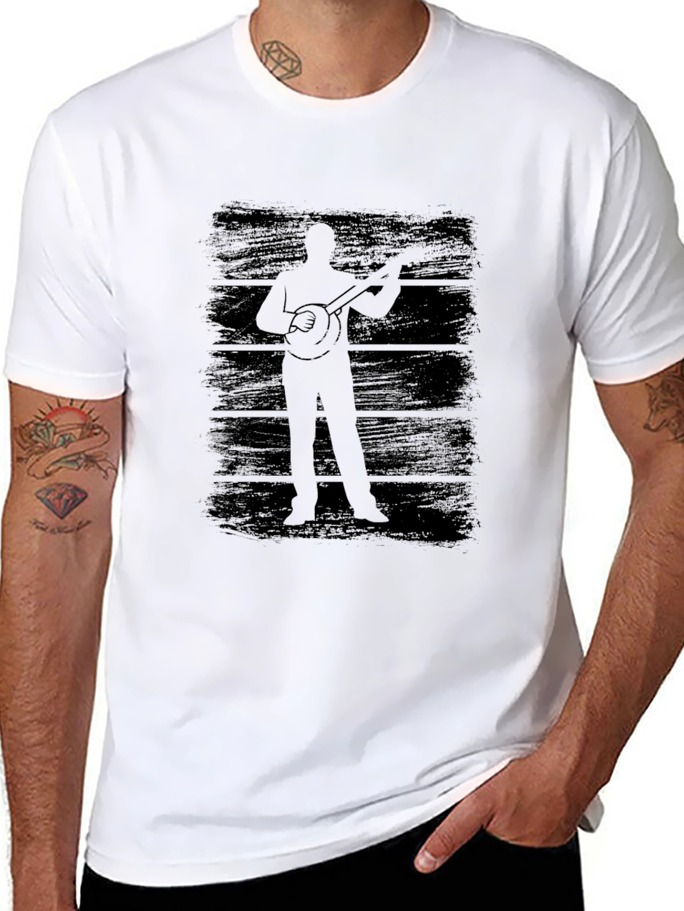 Banjo Player Silhouette Graphic Tee - Black Cotton T-Shirt