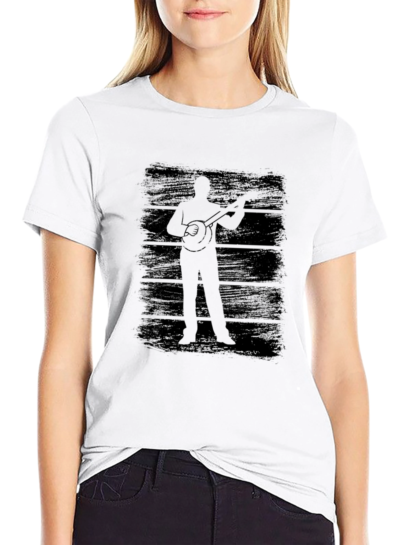 Banjo Player Silhouette Graphic Tee - Black Cotton T-Shirt