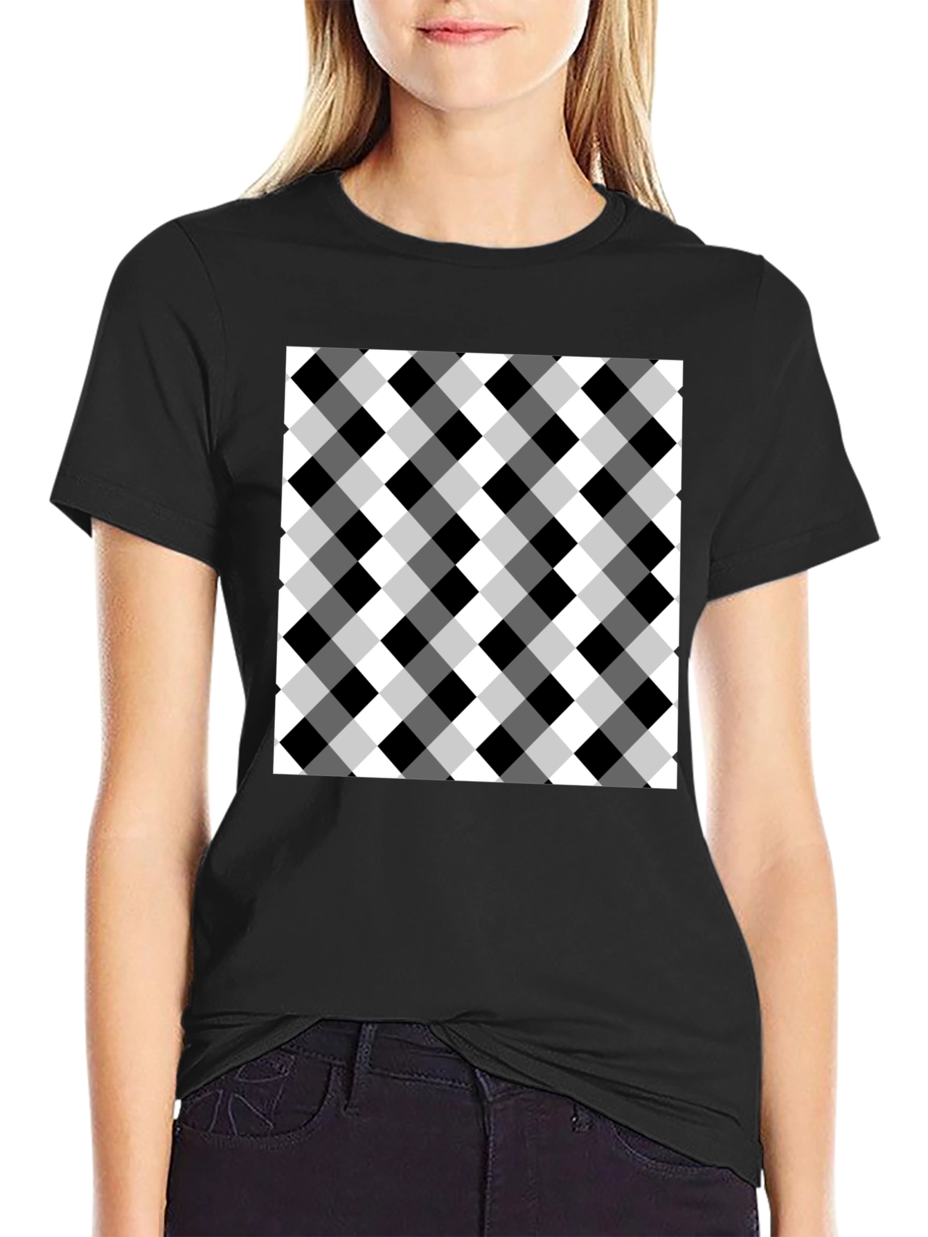 Black T-Shirt with Checkered Design