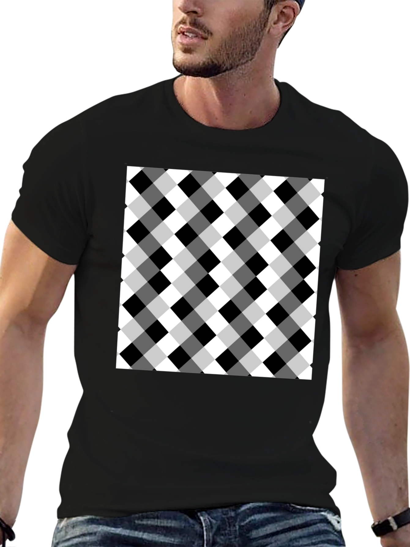 Black T-Shirt with Checkered Design