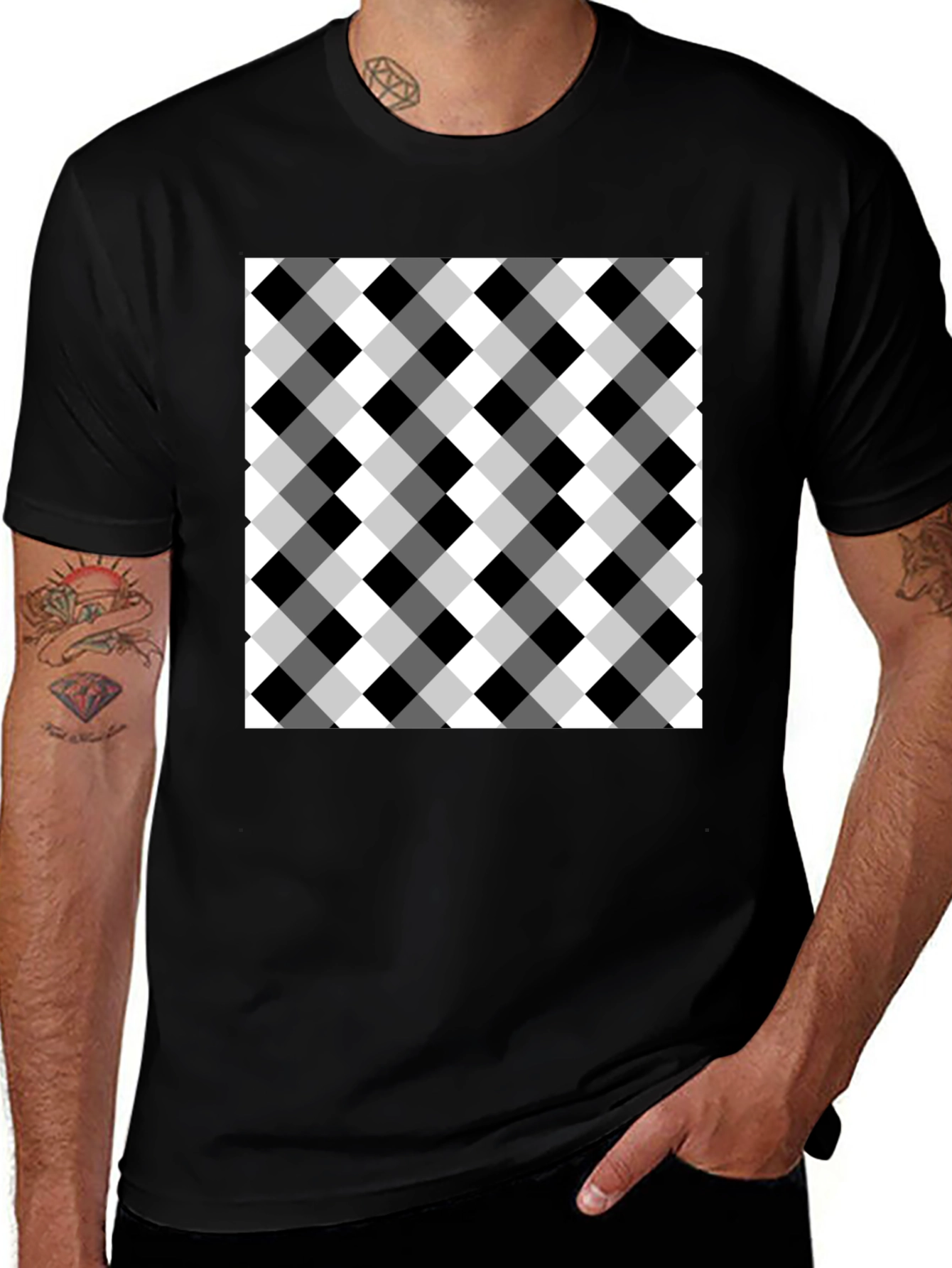 Black T-Shirt with Checkered Design