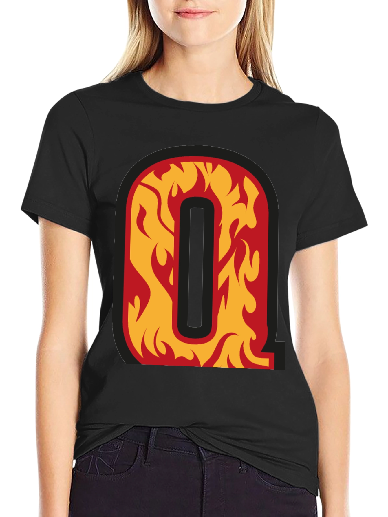 Fiery Letter Q Graphic Tee - Black