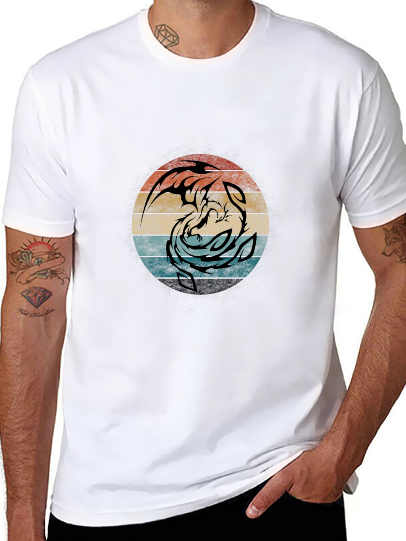 Yin Yang Dragon Graphic Tee - Retro Circle Design