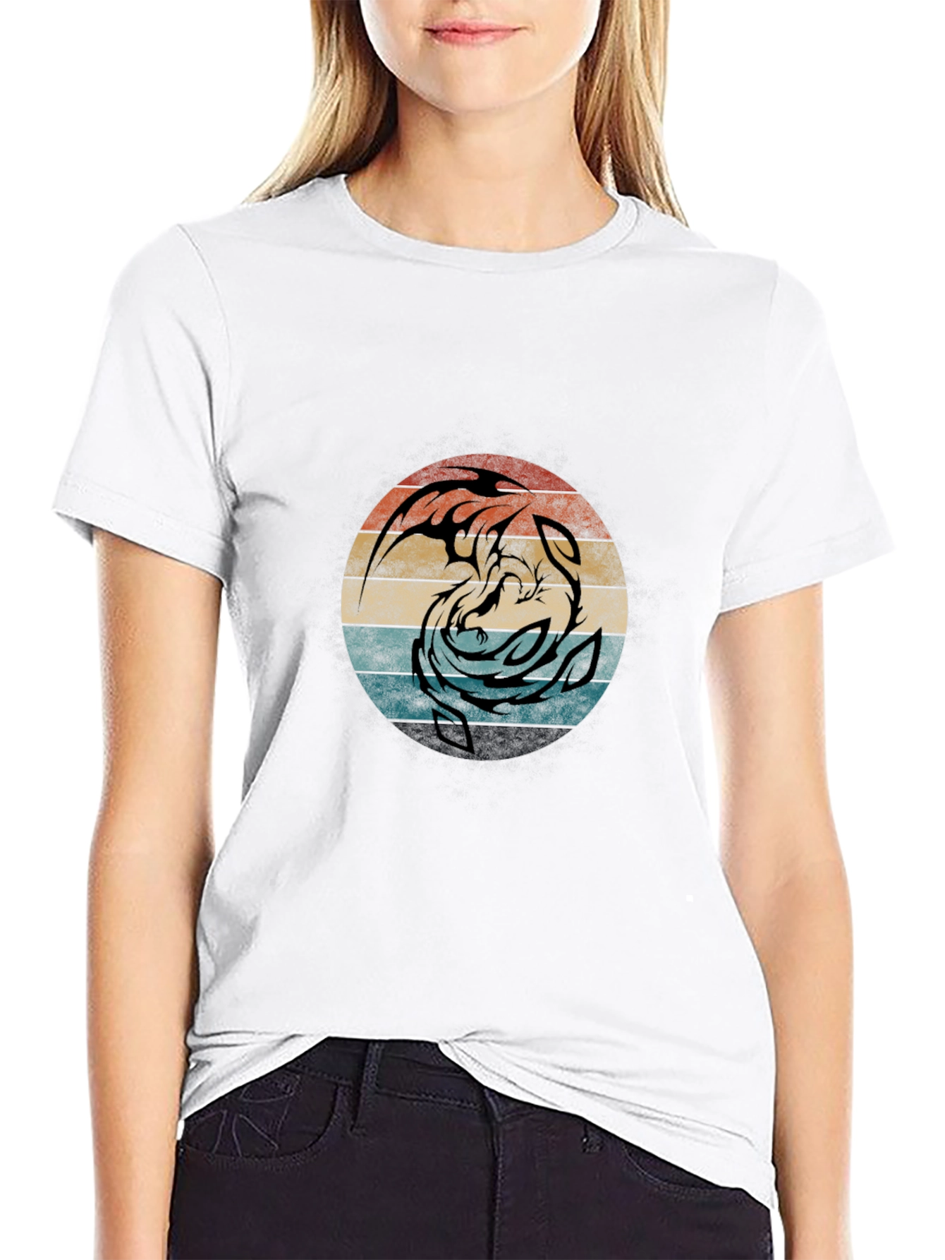 Yin Yang Dragon Graphic Tee - Retro Circle Design