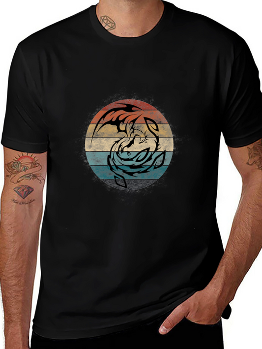 Yin Yang Dragon Graphic Tee - Retro Circle Design