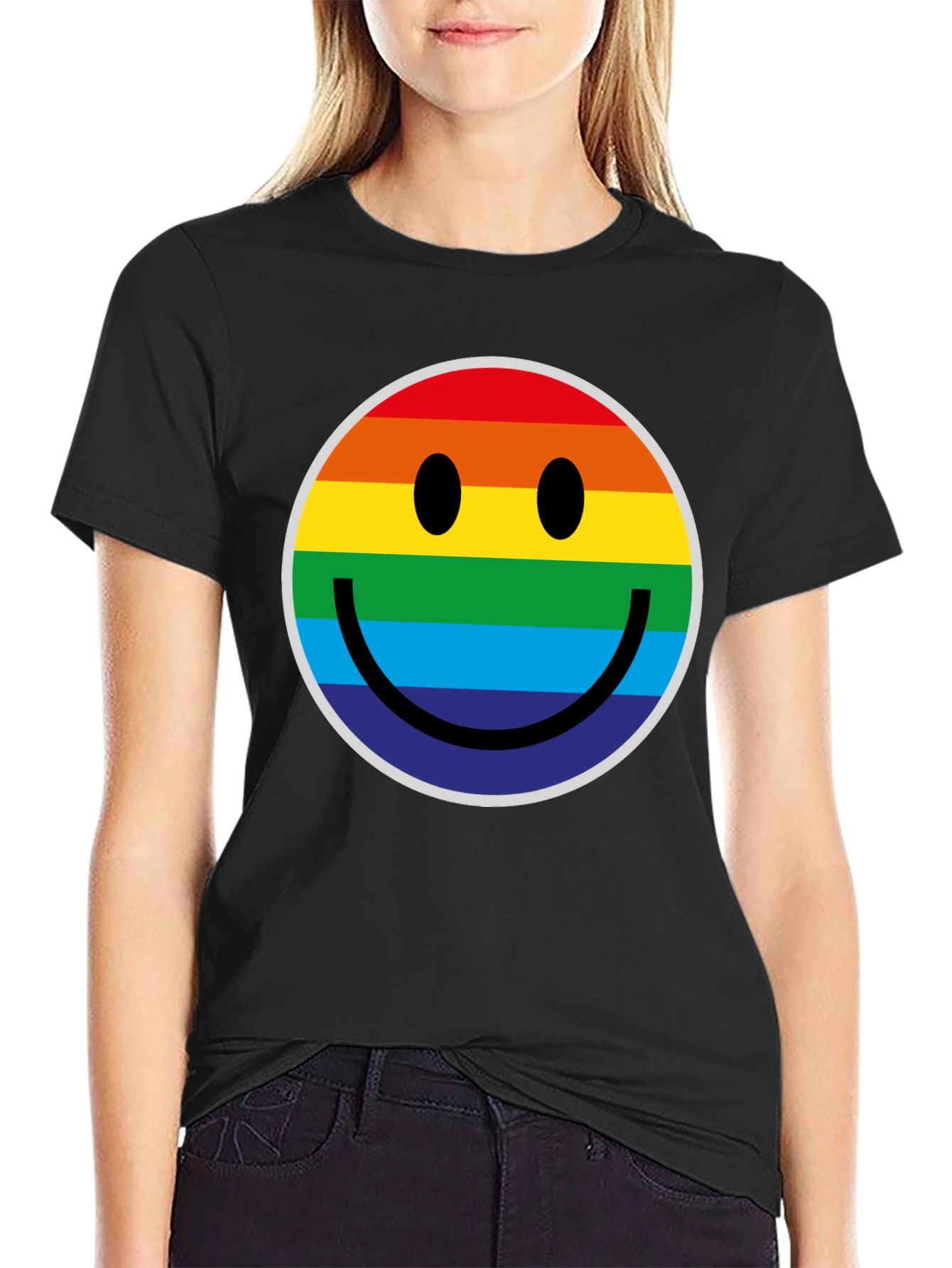 Rainbow Smiley Face Black T-Shirt