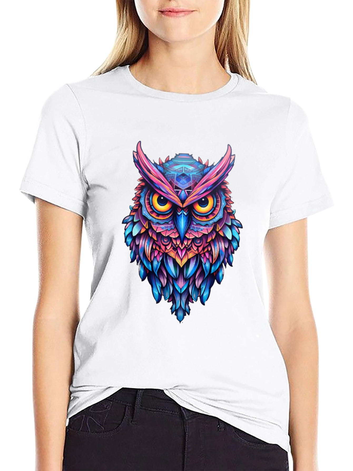Vibrant Owl Graphic Black T-Shirt - Unique Art
