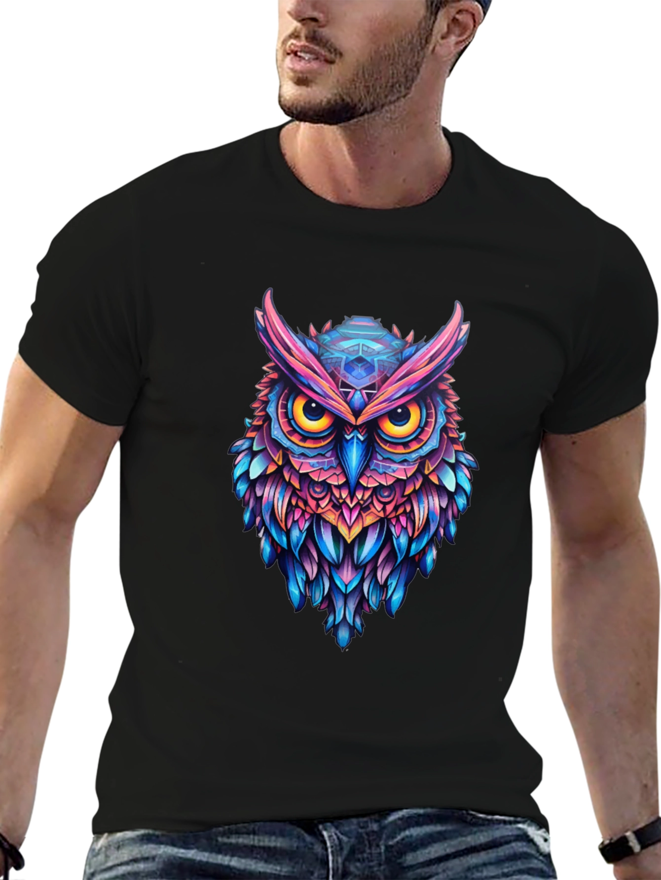 Vibrant Owl Graphic Black T-Shirt - Unique Art