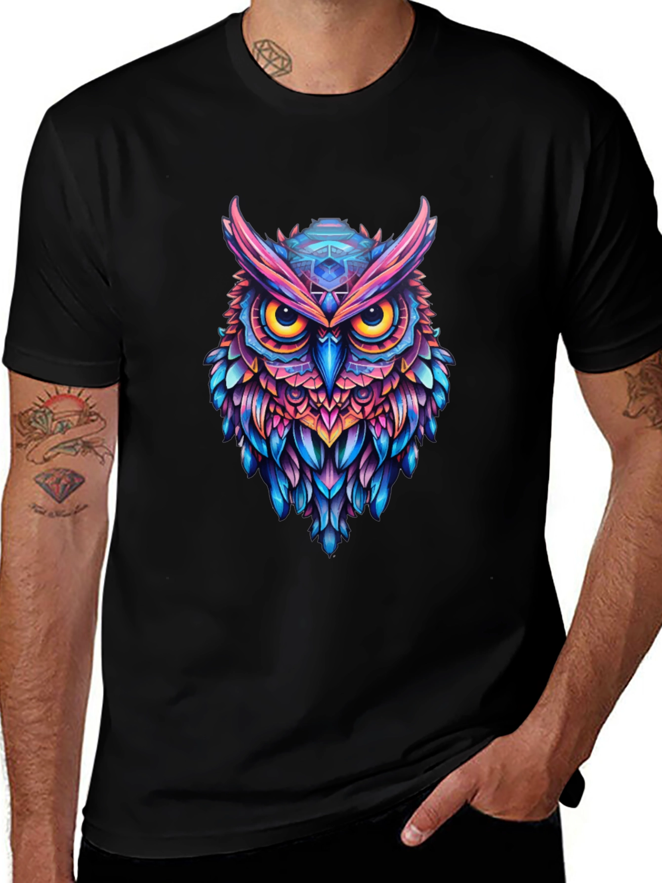 Vibrant Owl Graphic Black T-Shirt - Unique Art