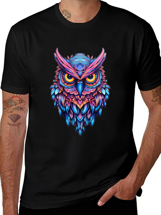 Vibrant Owl Graphic Black T-Shirt - Unique Art