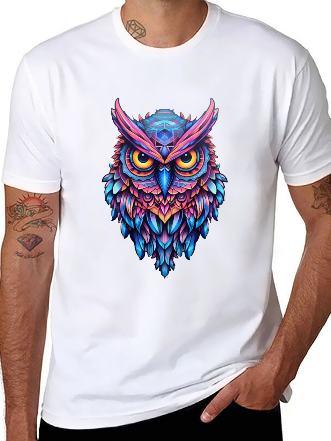 Vibrant Owl Graphic Black T-Shirt - Unique Art